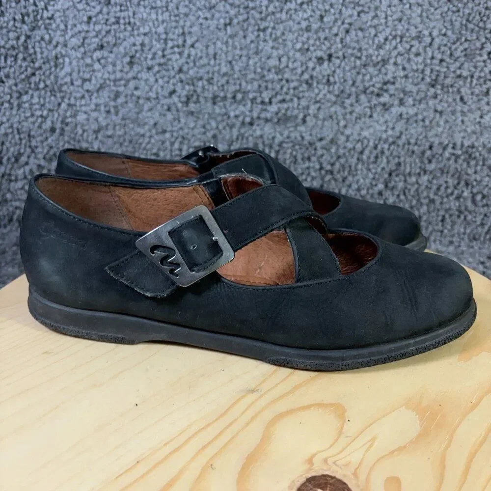 Ecco Shoes Mary Jane Flats Womens Size 10 Black Leather Buckle Portugal Vintage